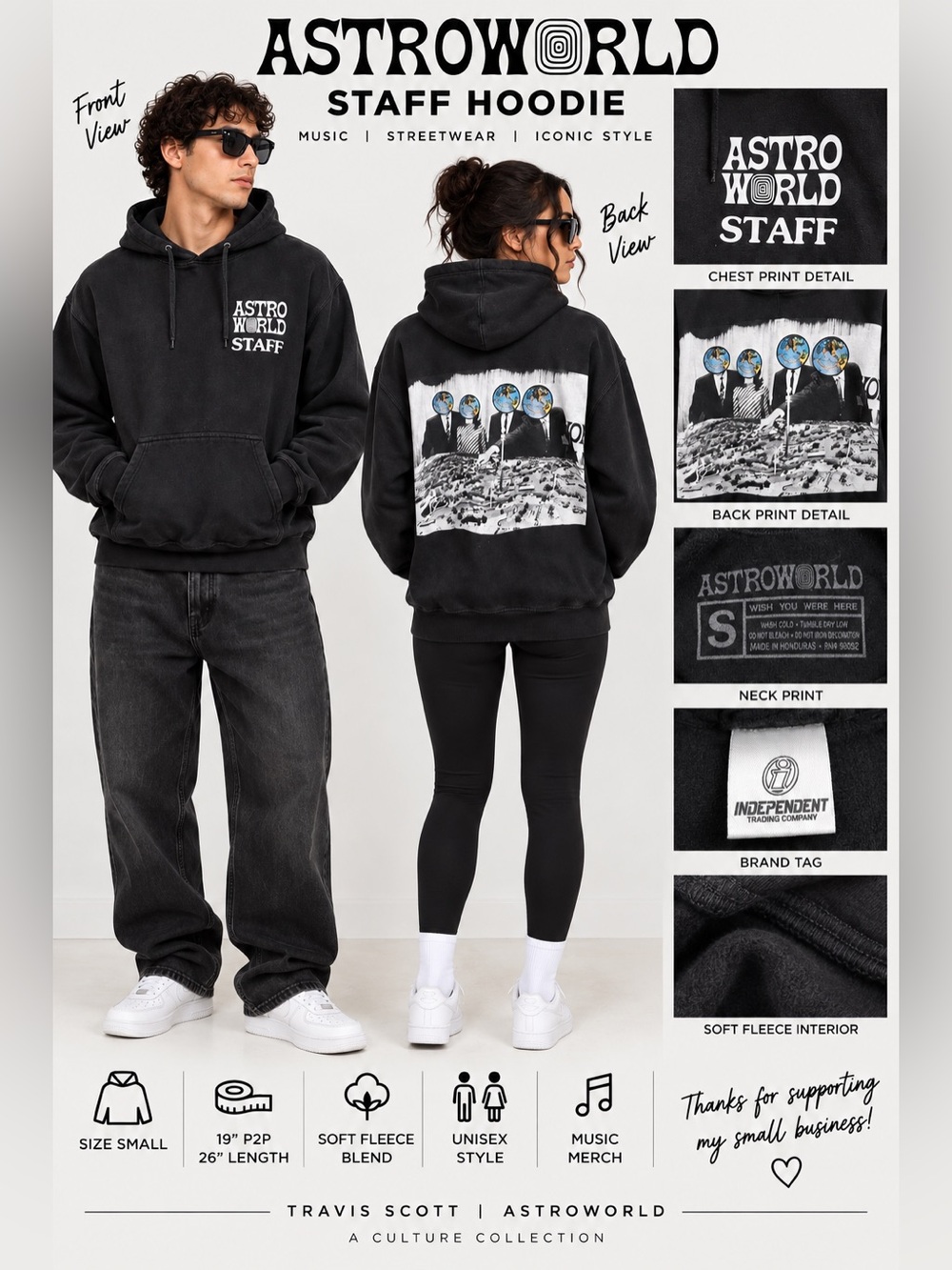 Astroworld Staff Graphic Hoodie Small Black Globe Head Back Print Streetwear